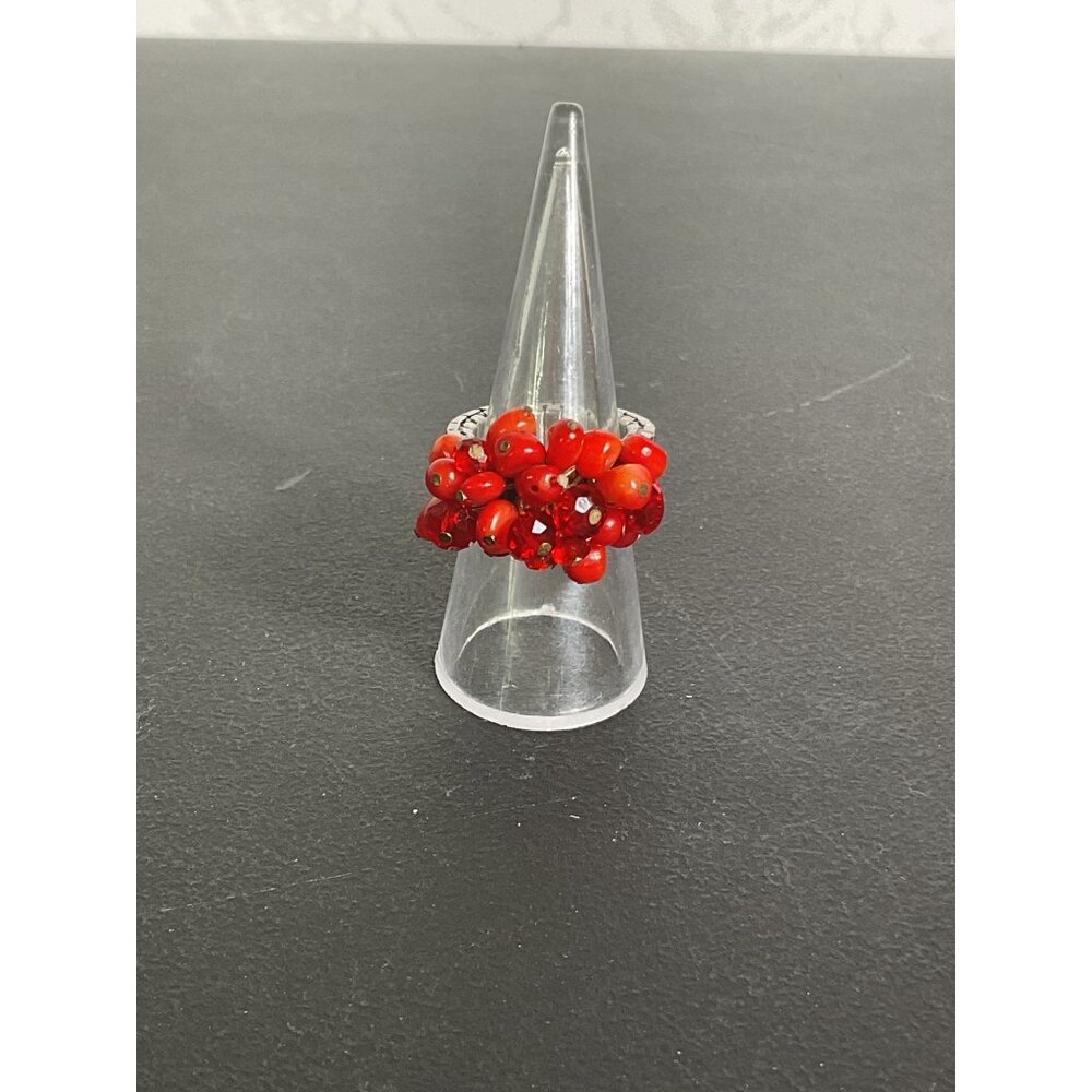 Stretchy Cluster Red Bead Ring With Adjustable Band And Stainless Steel Accents